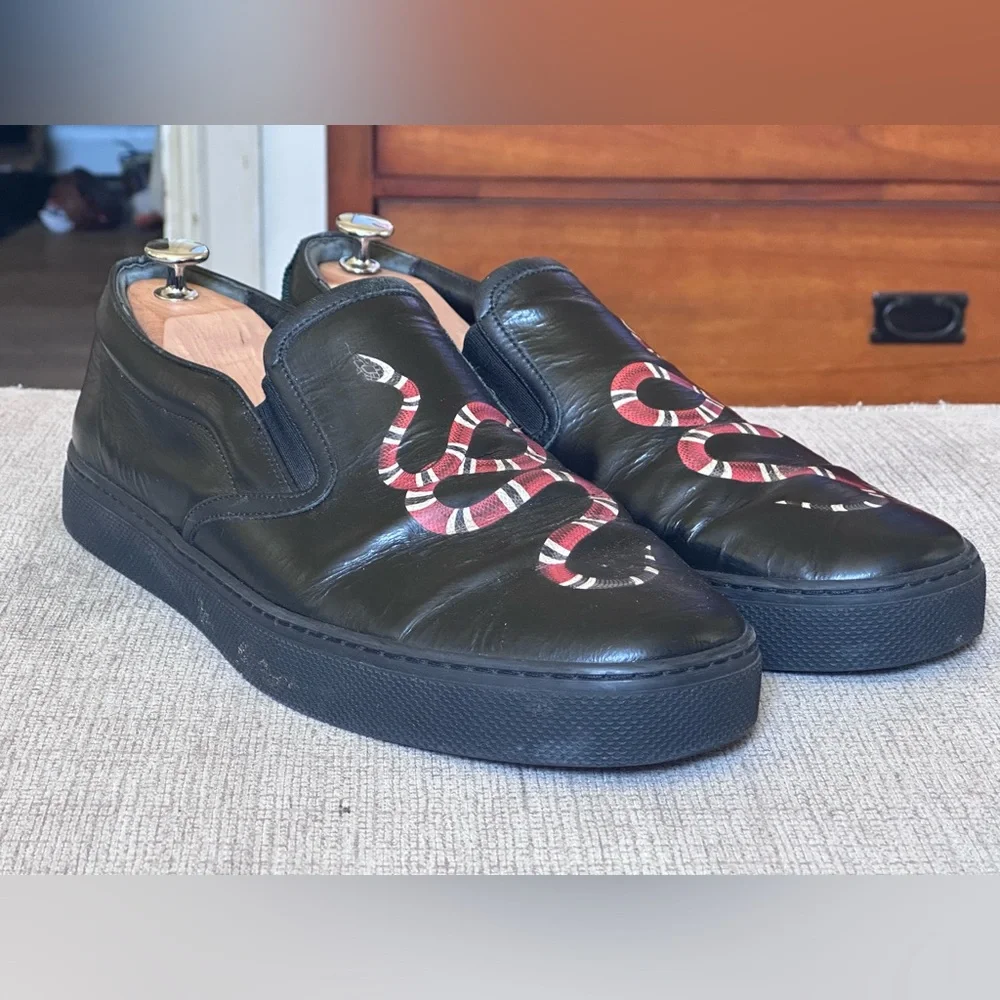 Gucci Snake Design Black Leather Men’s Slip-On Sneakers Size 12 G - Picture 2 of 13